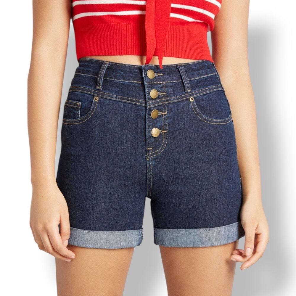ModCloth Dark Wash High Waist Cuffed Jean Shorts Button Fly‎ Denim Retro Pinup
